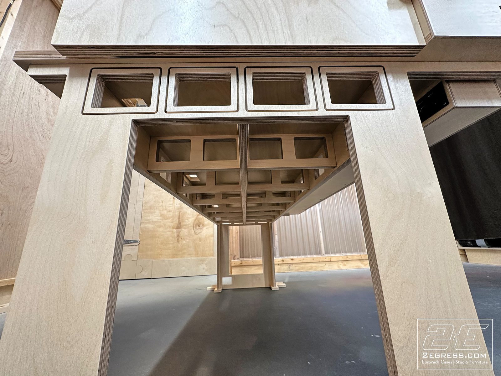 Altar synth desk | underside cubby structure detail | 2Egress
