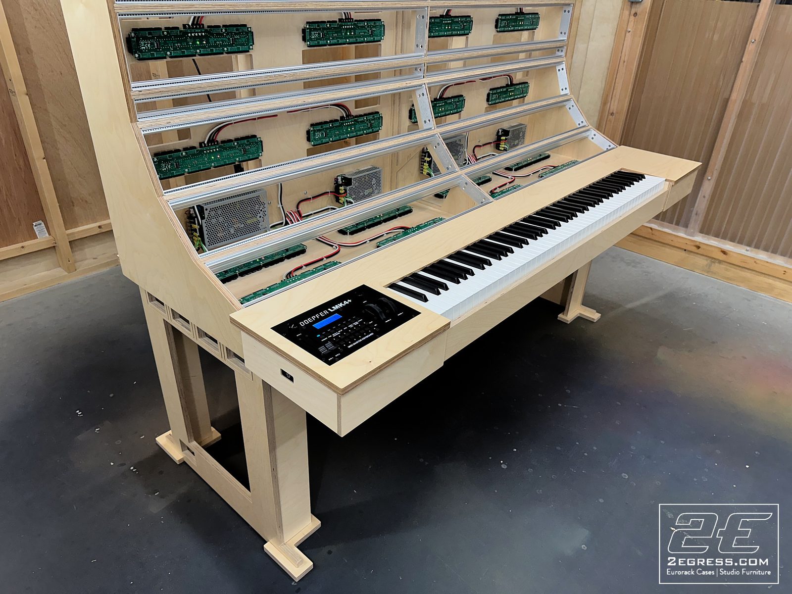Altar synth desk | overhead detail, wired eurorack rows | 2Egress