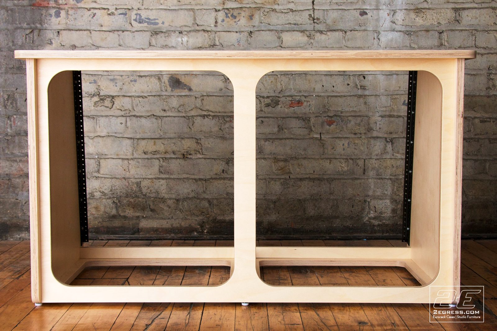 Double Bay Rack | 12U, natural birch finish, straight-on front view of the two open bays | 2Egress