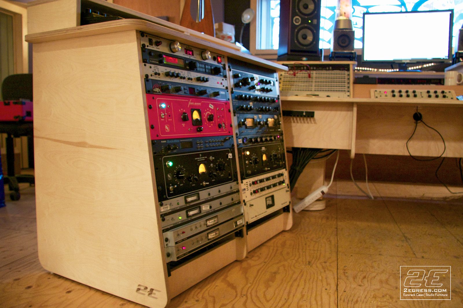 Double Bay Rack | in Damian Taylor's studio, loaded with outboard gear beside the mixing desk | 2Egress