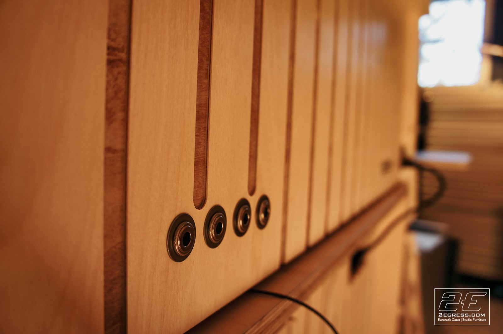 Double Bay Rack | in Damian Taylor's studio, macro detail of the rack panel's jack inputs | 2Egress