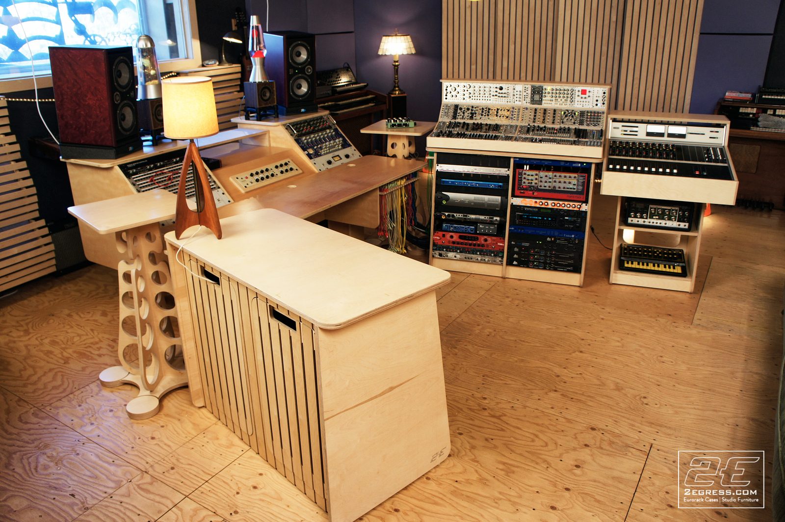 Eclipse Dual Bay desk | installed studio, wider view with lava lamps and outboard gear | 2Egress