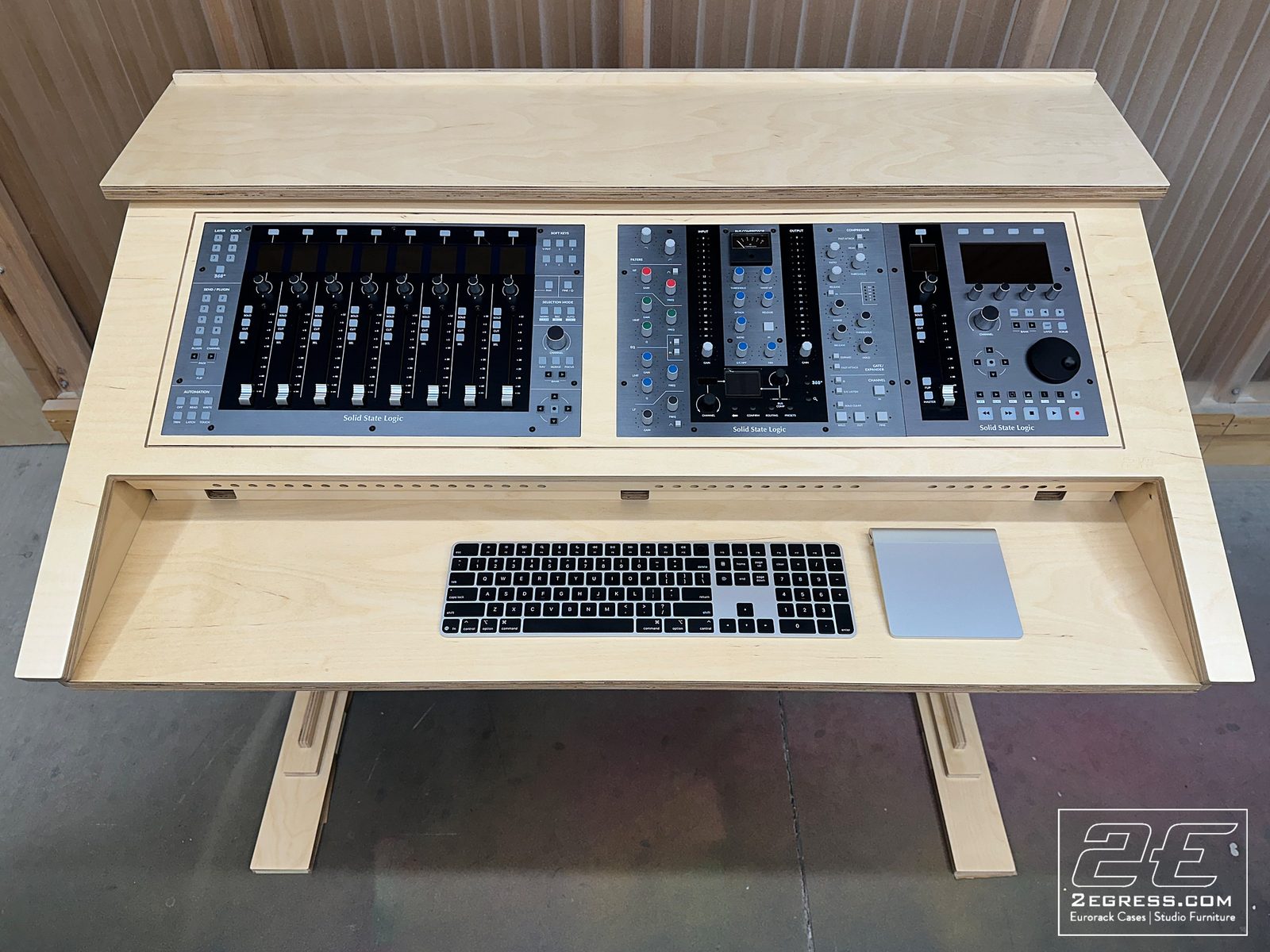 Europa mixing desk | overhead view with Solid State Logic controllers | 2Egress