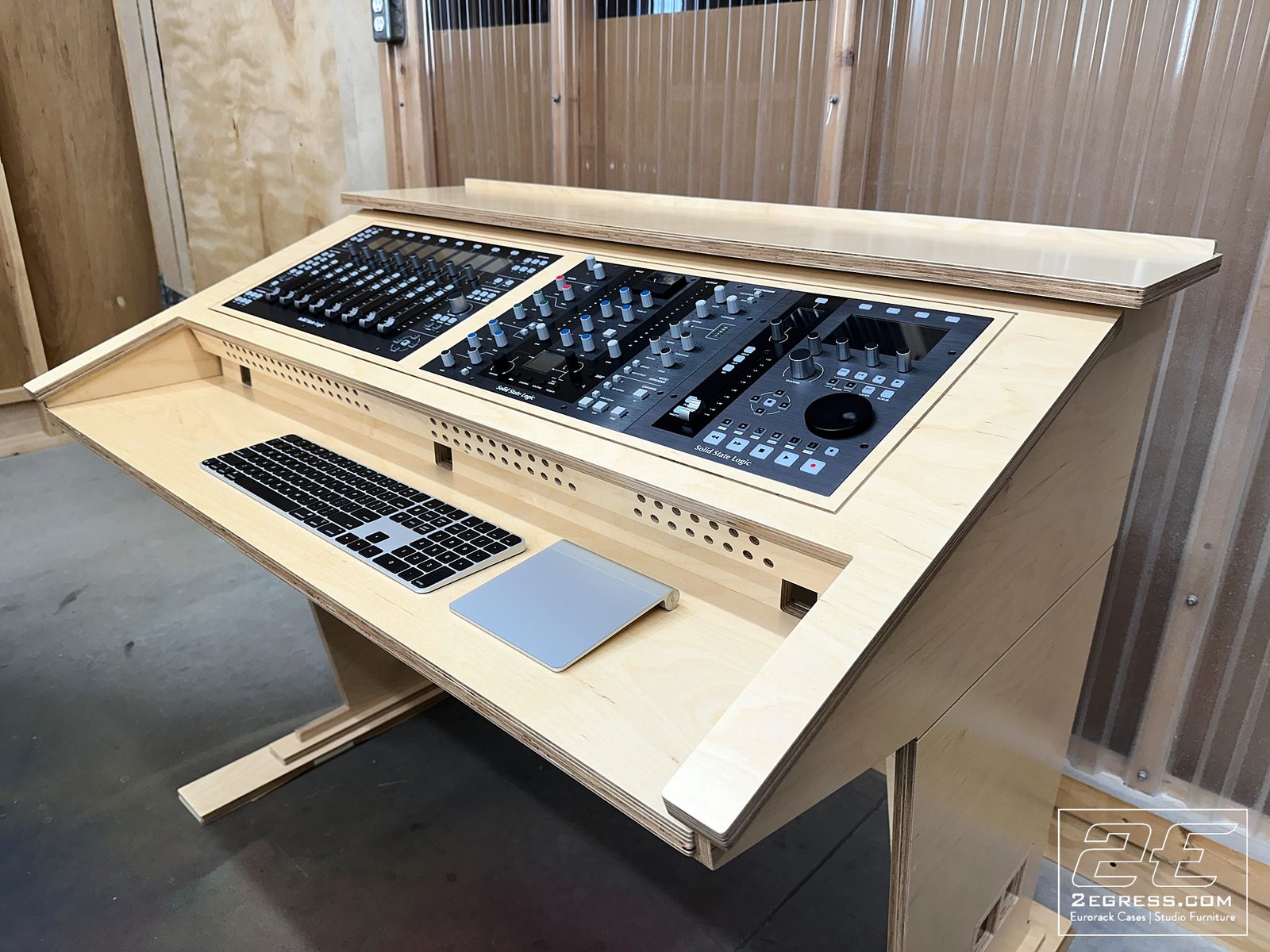 Europa mixing desk | three-quarter view with keyboard | 2Egress