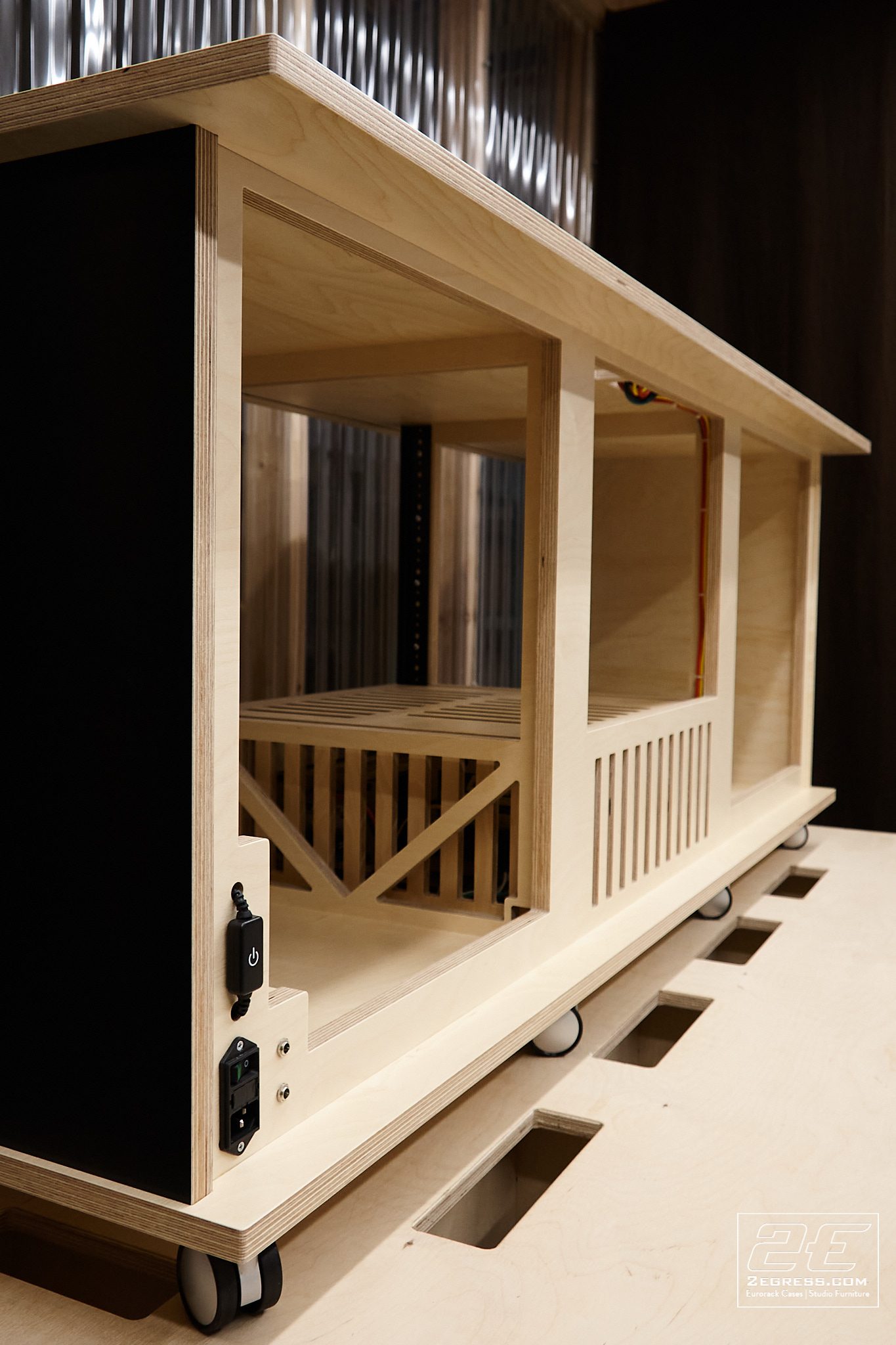 Rover rack | open case with LED-lit busboards mid-assembly | 2Egress