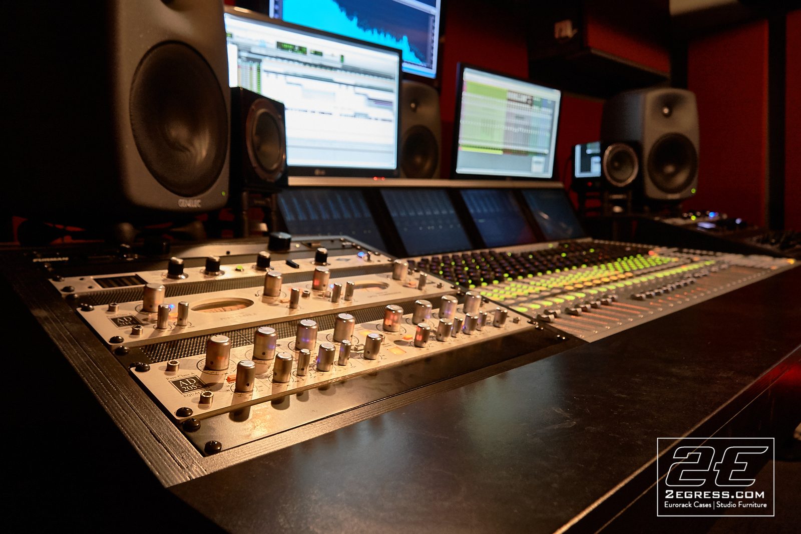 Stealth for Avid System 5 desk | close-up of installed outboard gear rack in the finished studio | 2Egress