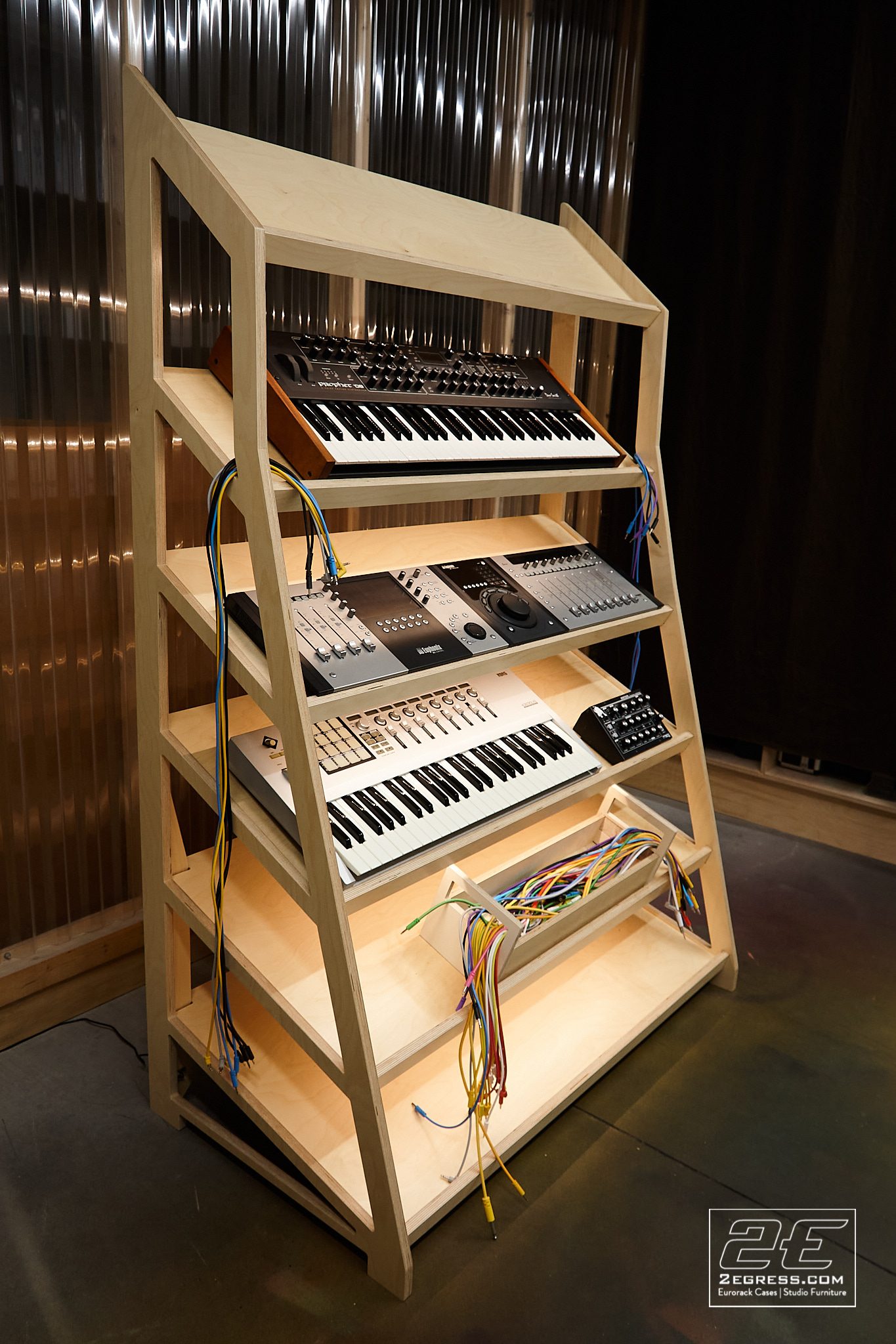 Synth Rack Stand | loaded with synth collection, front view | 2Egress