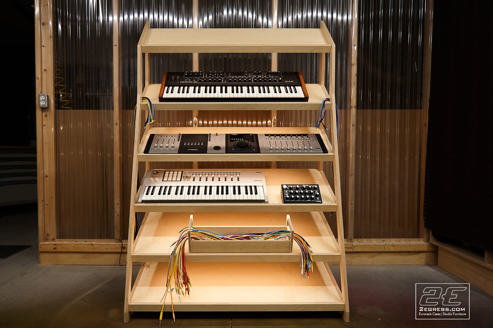 Synth Rack Stand | loaded with synths and keyboard, angled view | 2Egress