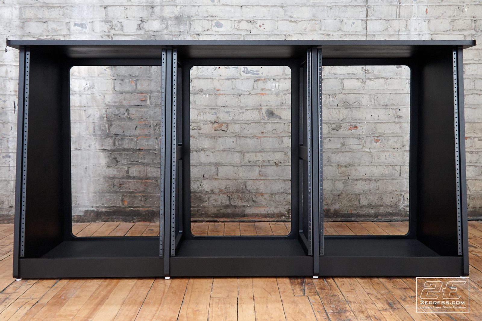 Triple Bay Rack | black lacquer finish, front view showing the three open rack bays | 2Egress