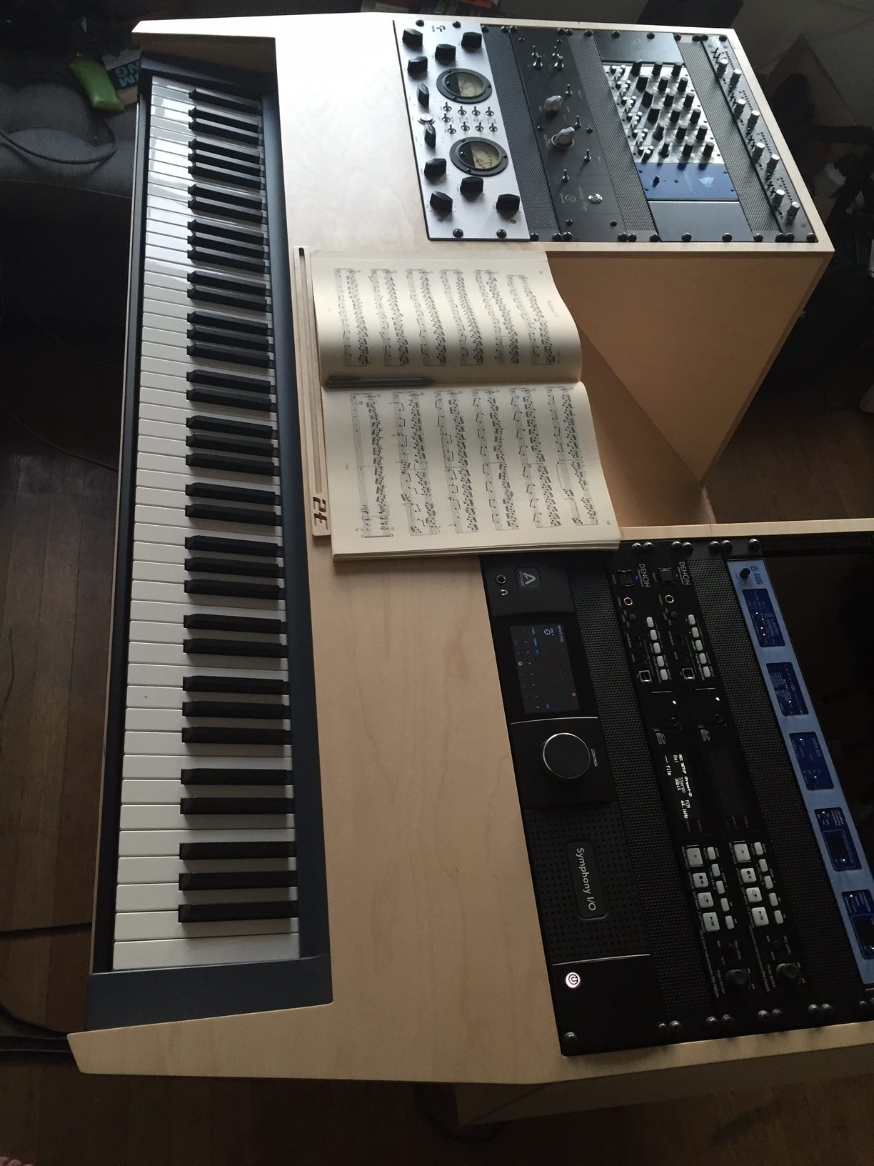 Extraordinary Desk for Extraordinary Guy | overhead view, keyboard and rack gear | Studio Egregia