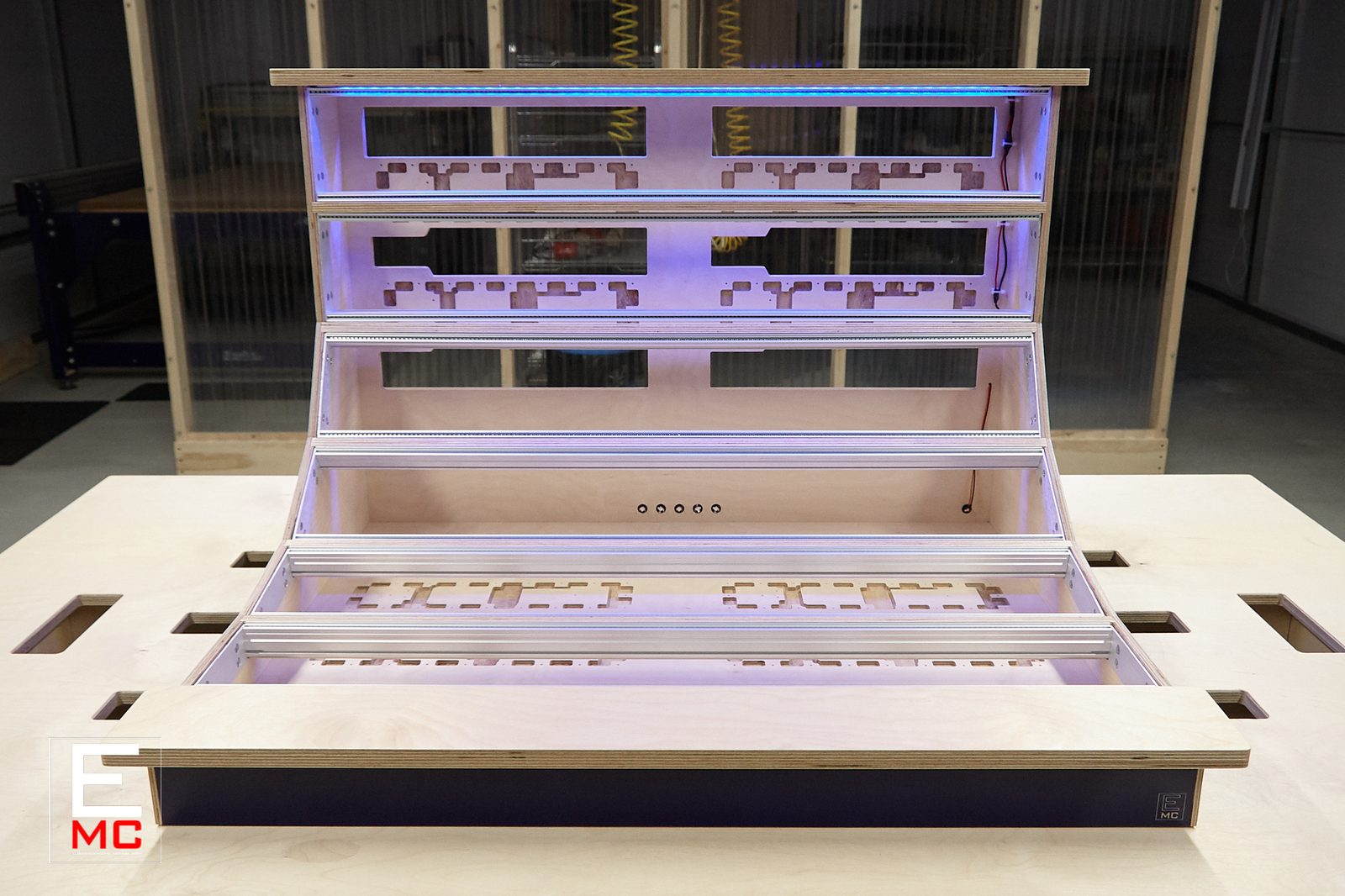 18U The Blue eurorack case | Front view with blue LED lighting, empty case ready for busboard install | EurorackModularCase