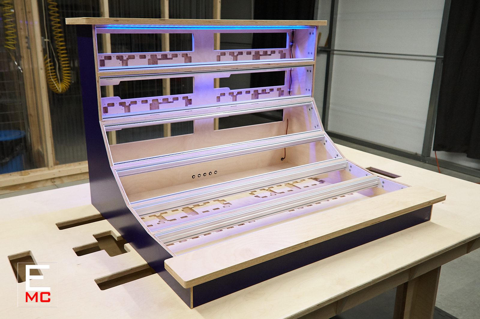 18U The Blue eurorack case | Three-quarter angle showing the deep blue side panel | EurorackModularCase