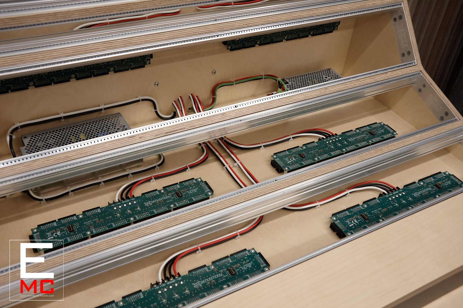 31U True North eurorack case | Interior detail showing the Genus Modu busboards and power supply wiring | EurorackModularCase