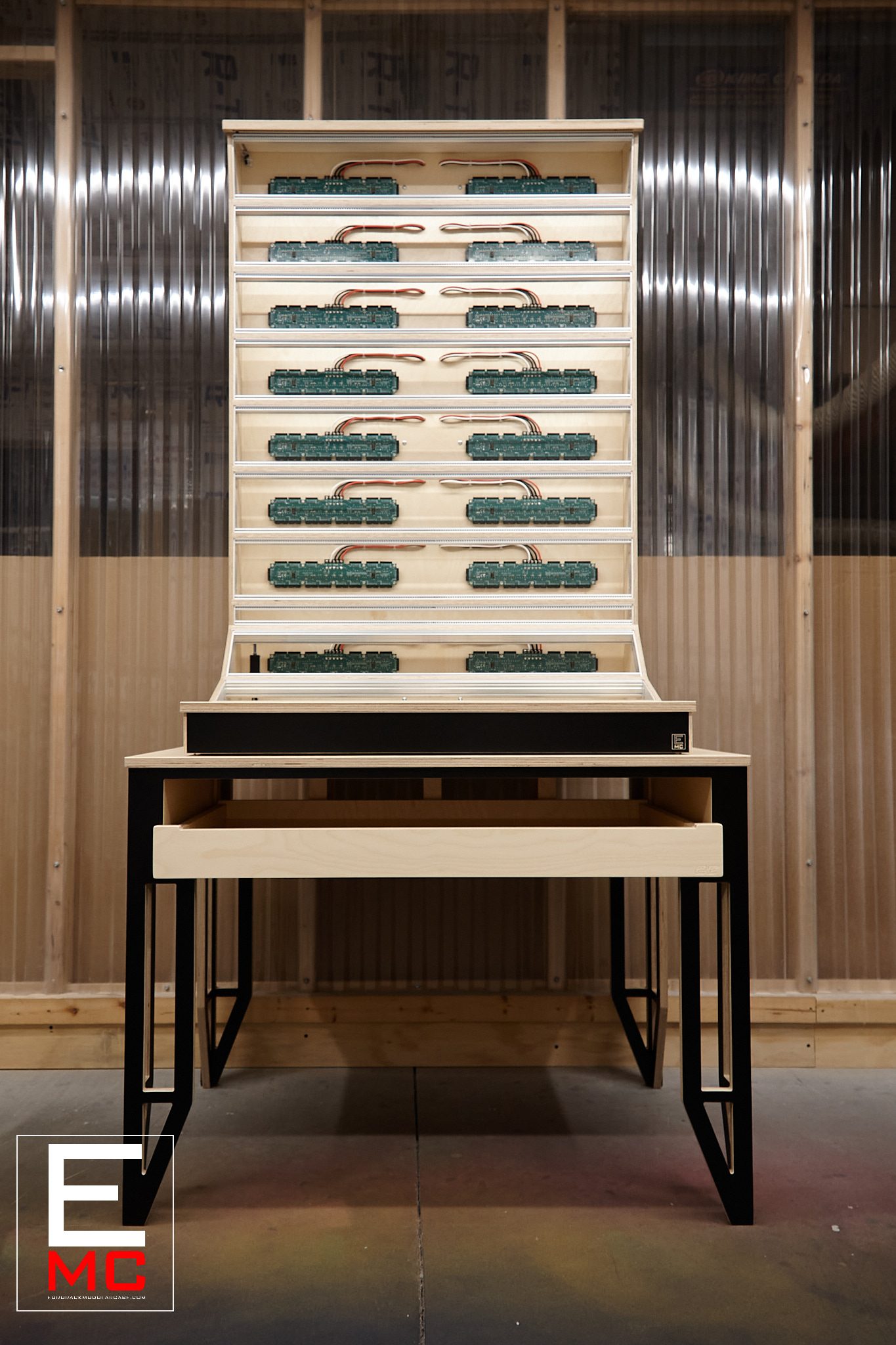 31U True North eurorack case | Front view in natural birch finish under workshop lighting | EurorackModularCase