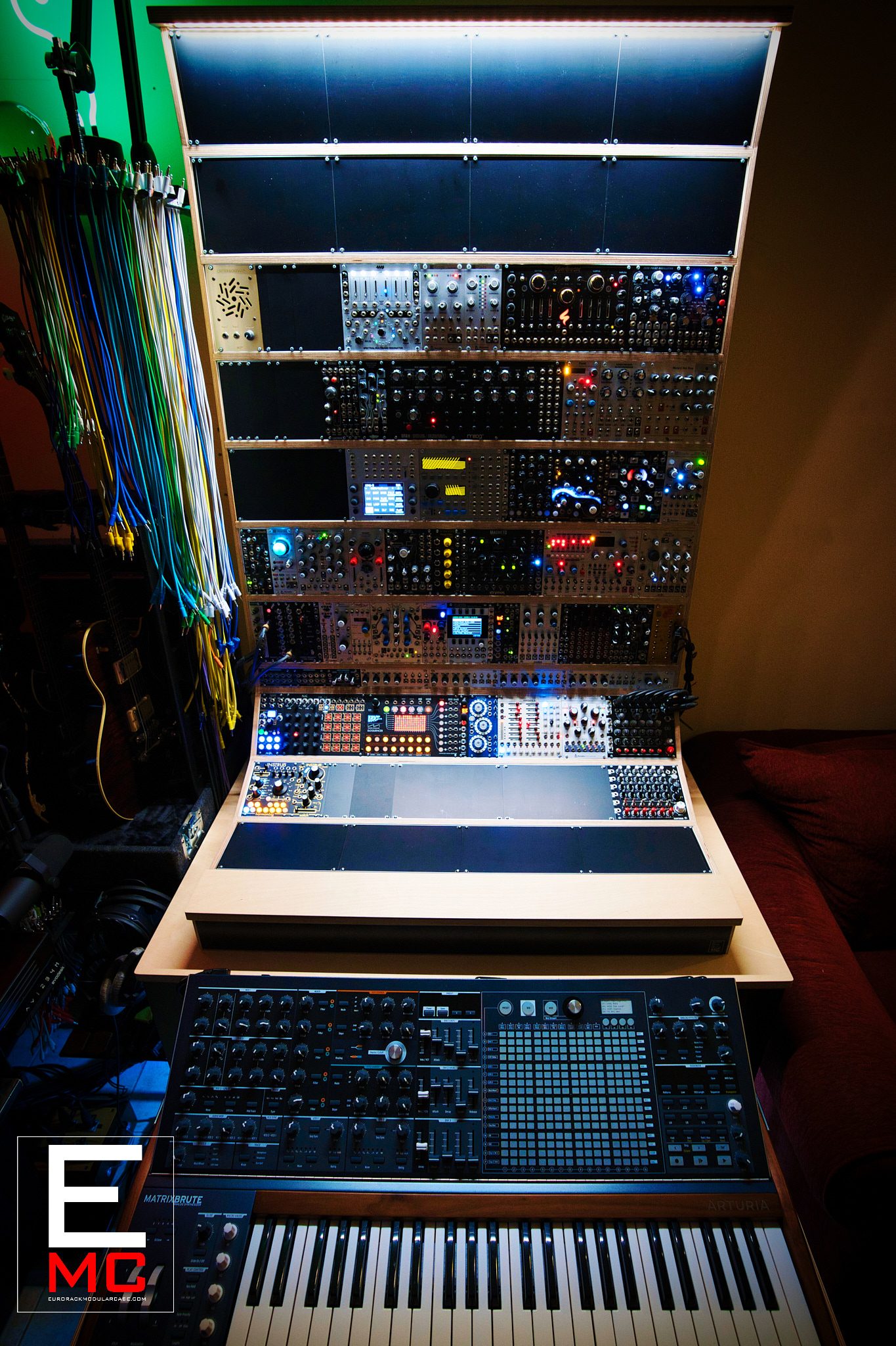 31U True North eurorack case | Three-quarter angle from above showing the drawer pulled out with the MatrixBrute synth resting inside | EurorackModularCase