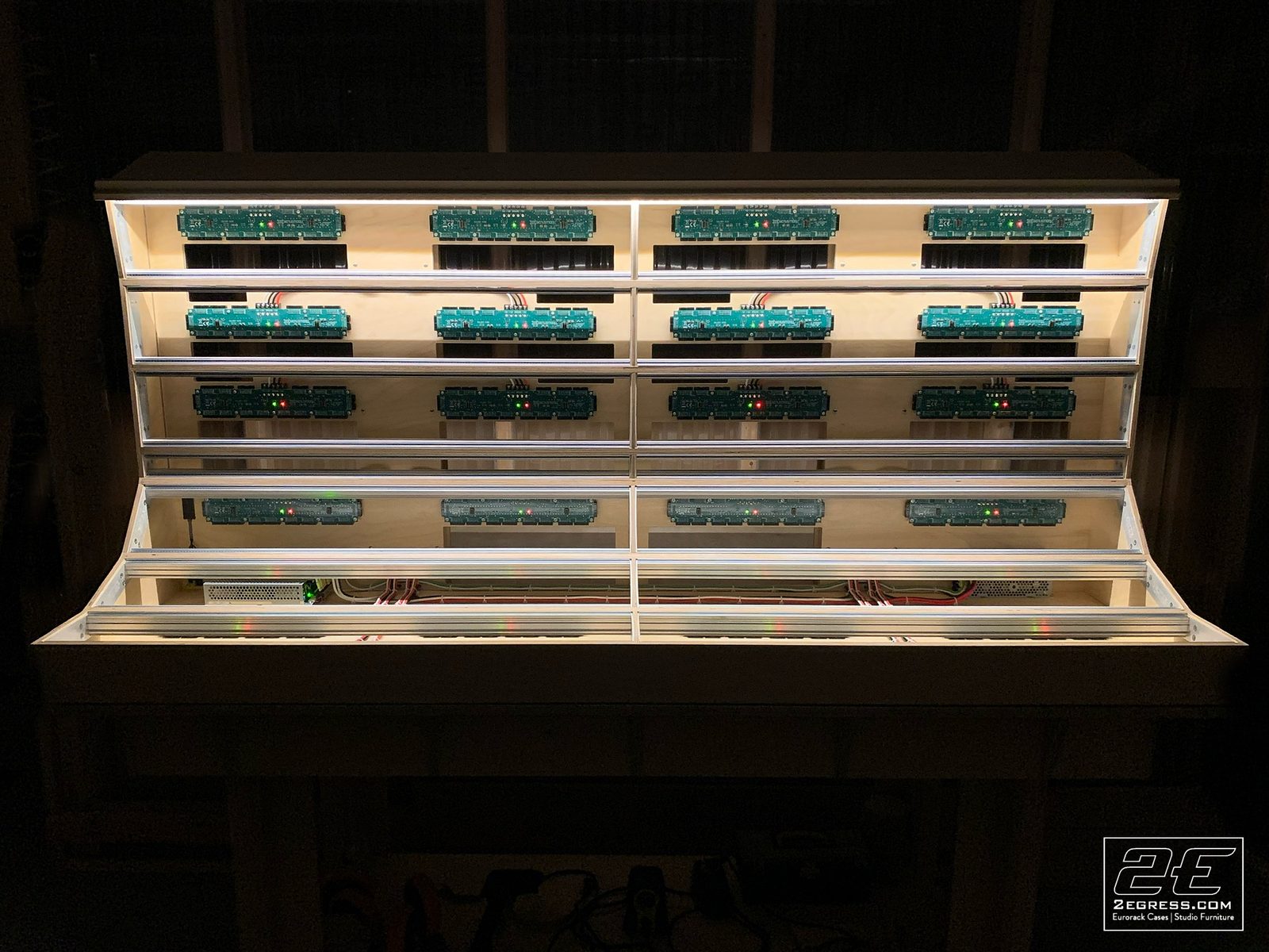 Jamie Lidell | Stained 19U 'Ask the Dust' eurorack case, front view with power boards installed | Studio Egregia