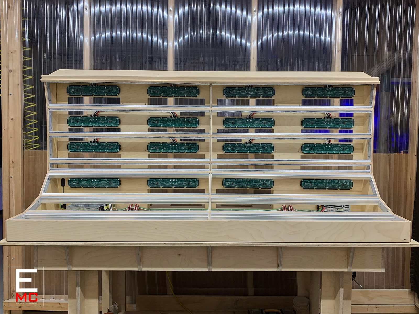 Jamie Lidell | Unfinished natural birch 19U eurorack case, front view on the workshop bench | Studio Egregia