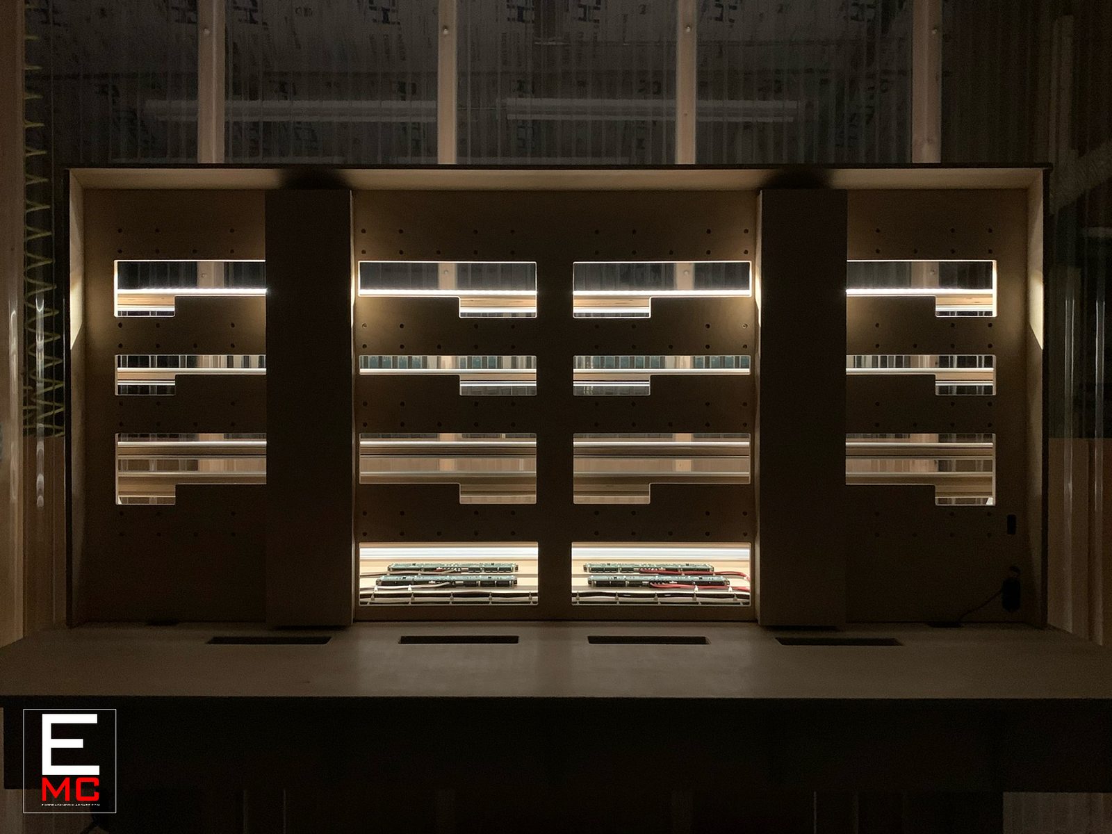 Jamie Lidell | Rear view of the case laid flat in low light with LED strips glowing | Studio Egregia