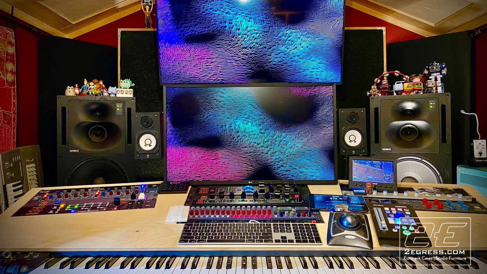 Neil Parfitt | Finished VTOL desk in his Toronto studio with dual monitors, Genelec speakers, and a full-width MIDI keyboard | Studio Egregia